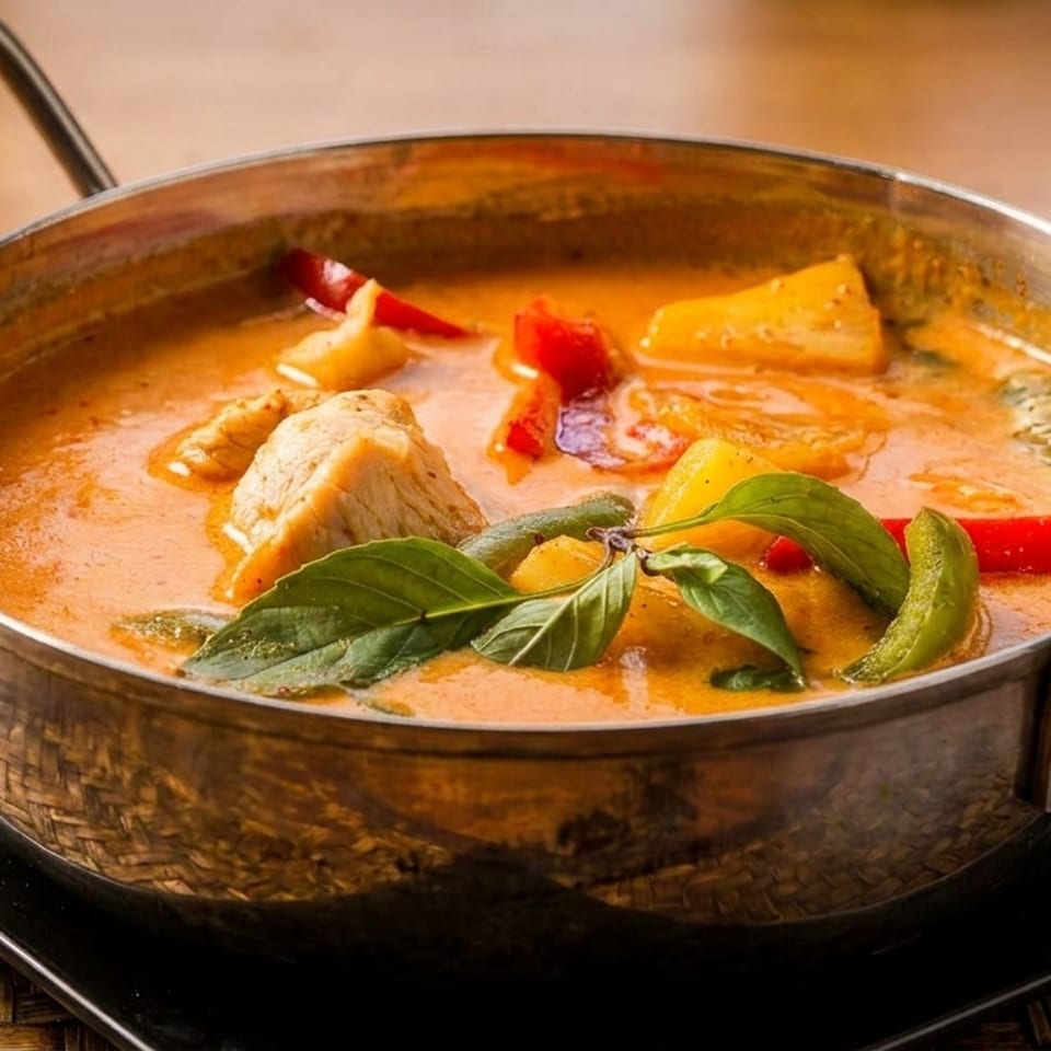 Red curry with chicken, pineapple, bell peppers, and basil in a metal bowl on a woven mat.