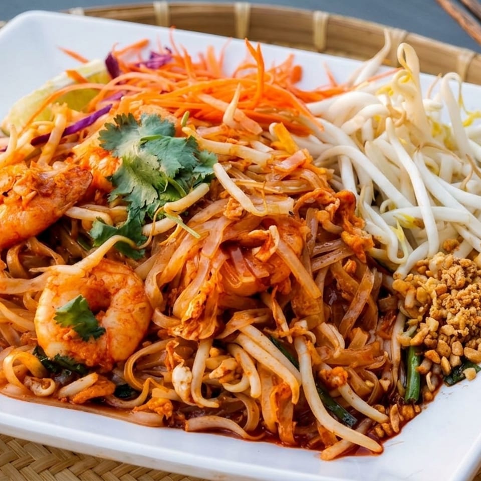 A plate of shrimp Pad Thai with bean sprouts, shredded carrots, and crushed peanuts.
