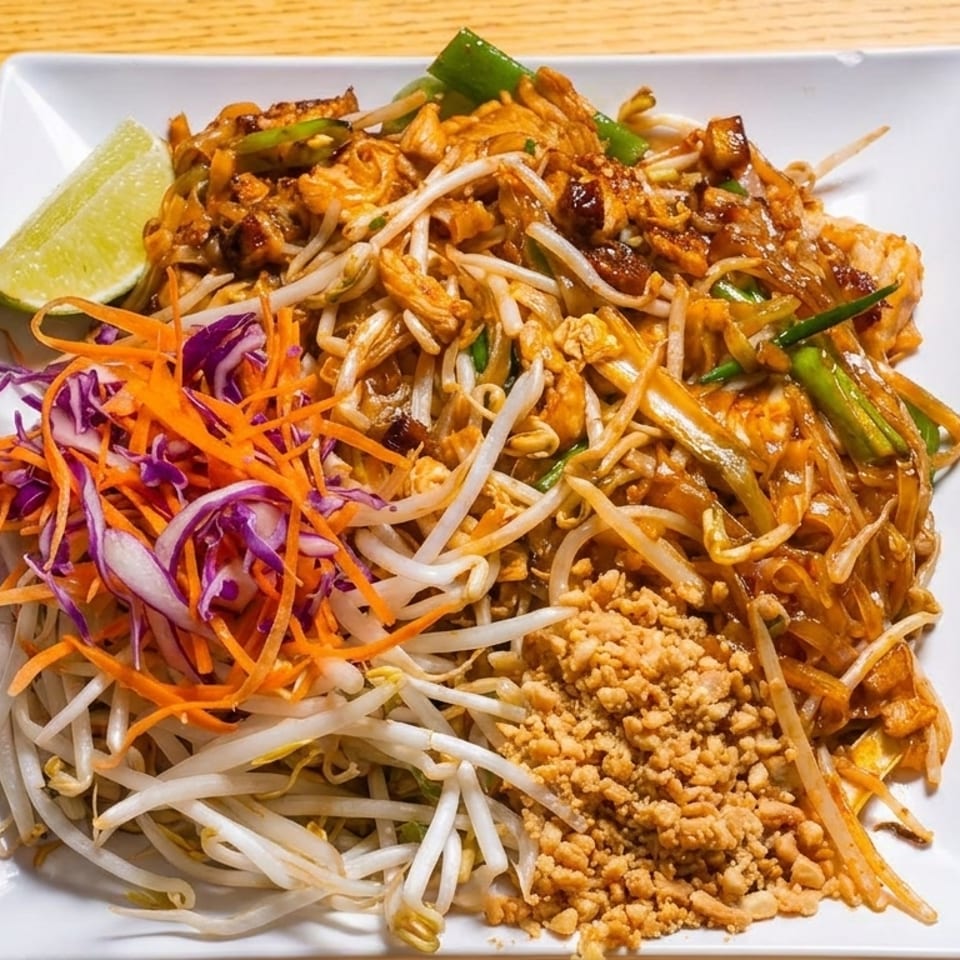 Pad Thai noodles with bean sprouts, shredded carrots, red cabbage, crushed peanuts, and a lime wedge.