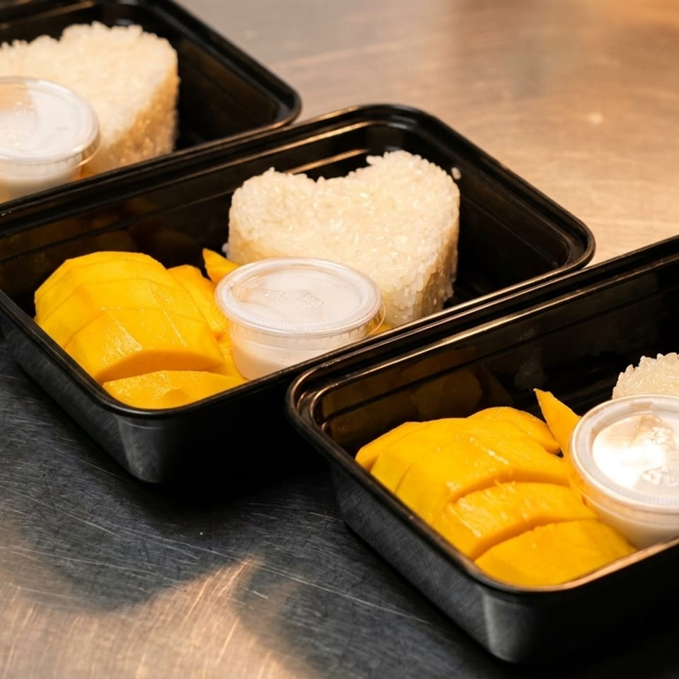 Three takeout containers of mango sticky rice with heart-shaped rice and coconut sauce.