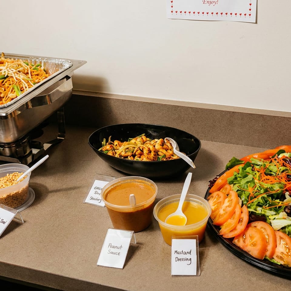 A buffet spread with a large pan of noodles, a bowl of shrimp, a platter of salad, and various sauces.