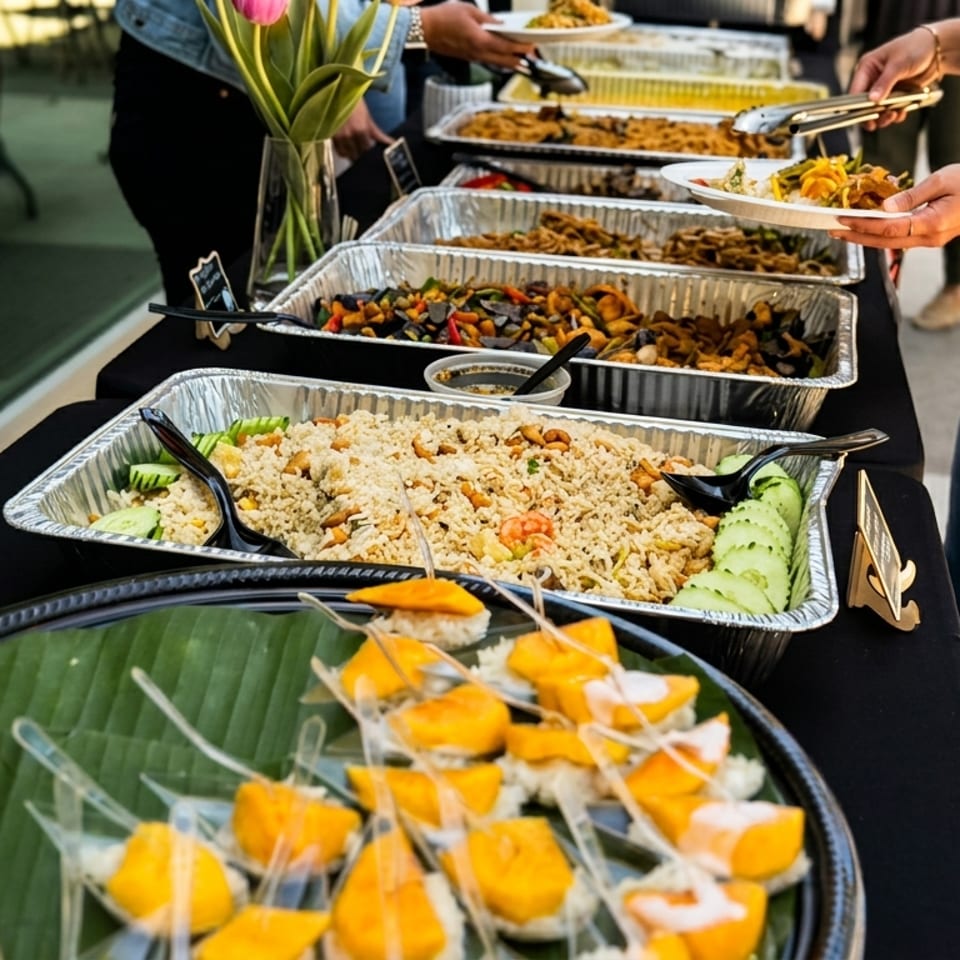 A buffet table with various Thai dishes in foil pans and mango sticky rice desserts.