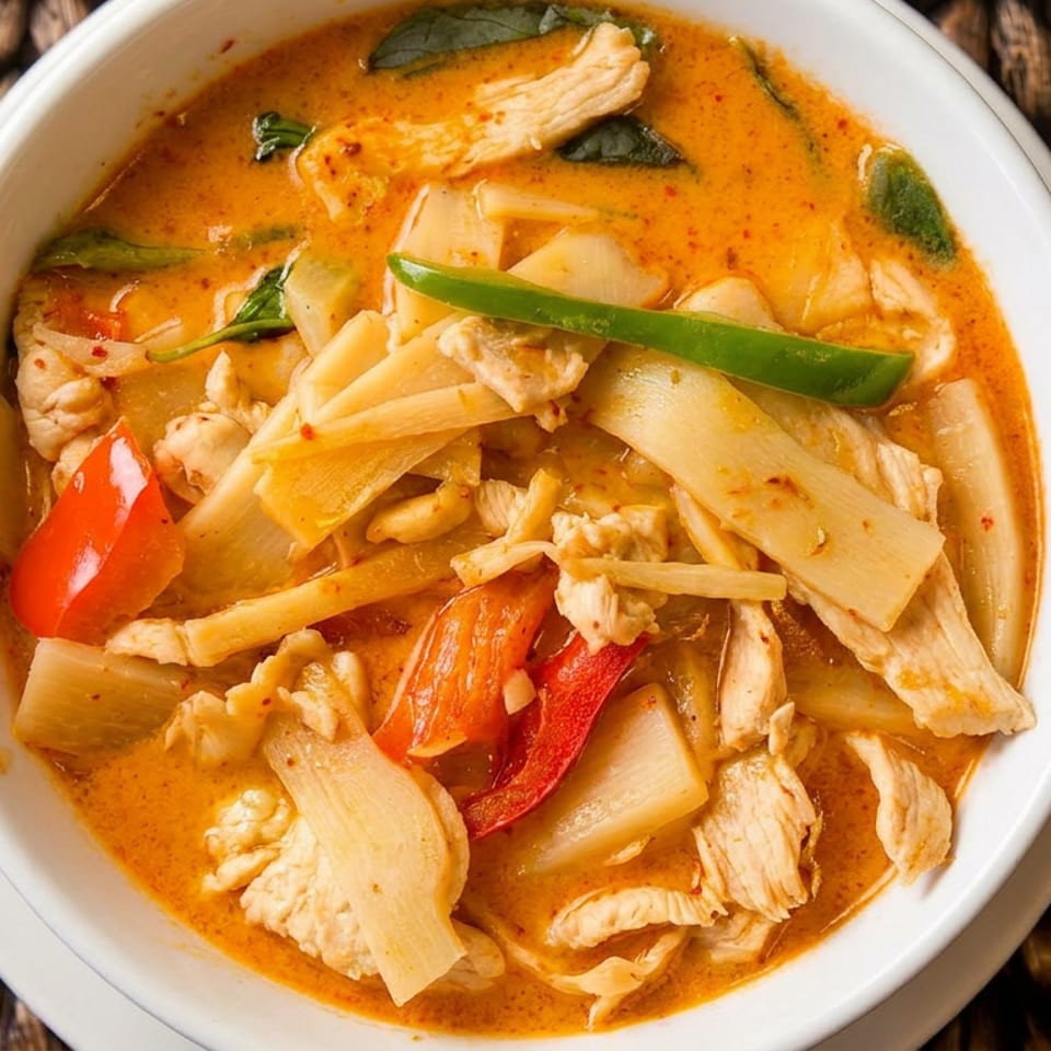 Spicy red curry with chicken, bamboo shoots, red peppers, and basil in a white bowl.