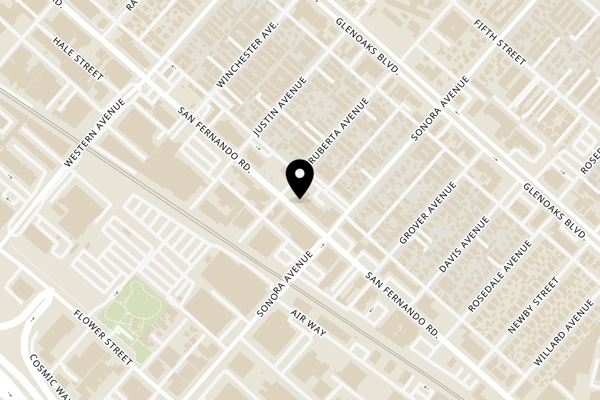 Map showing the location of Angel Thai Cuisine on 6420 San Fernando Rd in Glendale